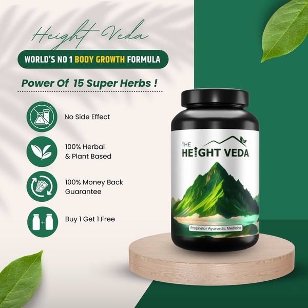 A square-format static ad highlighting the natural formula, product benefits, and clear purchasing incentives for an Ayurvedic growth supplement.